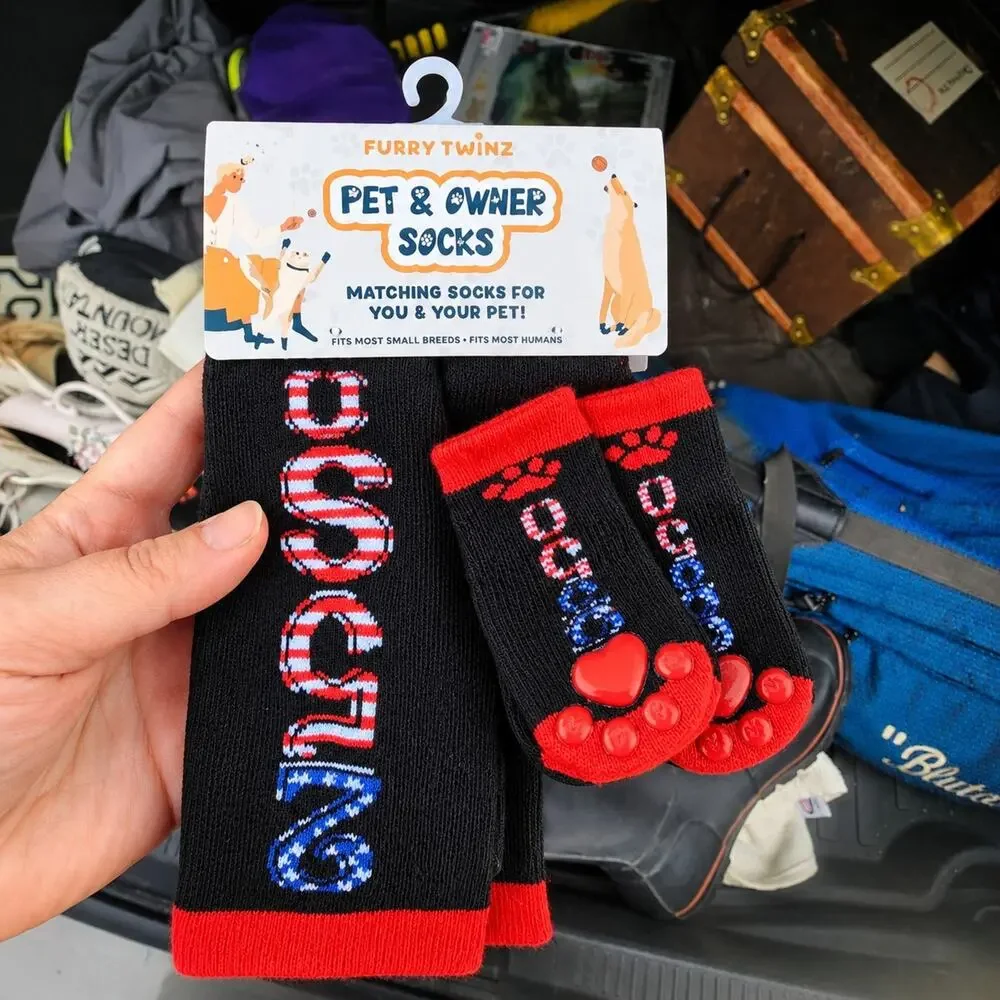 Furry Twinz Pet Owner Matching Socks USA Patriotic Red White Blue New